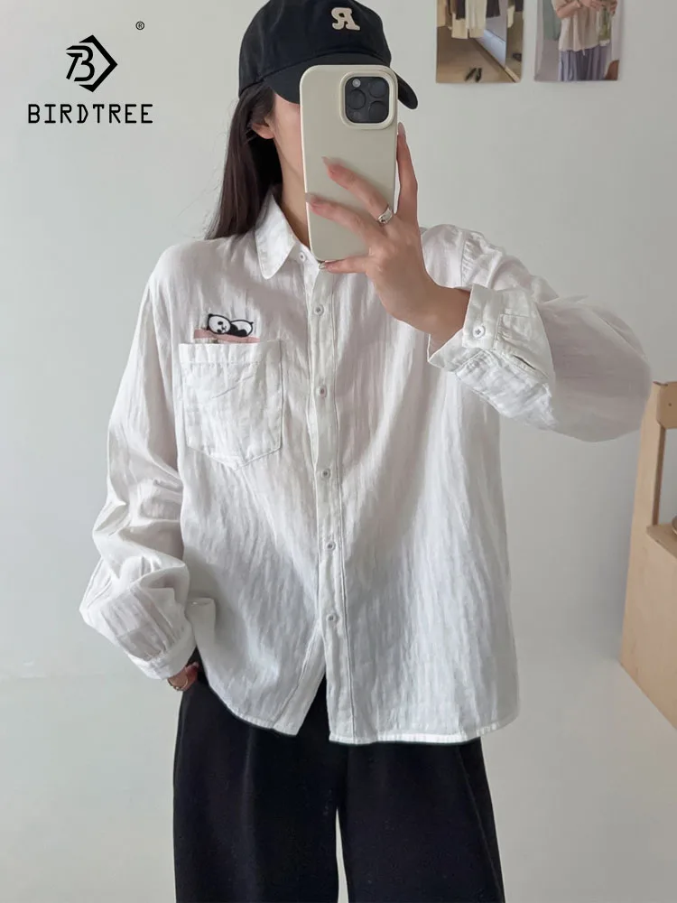 

Новинка 2025, осенняя рубашка с длинными рукавами из хлопковой пряжи, женская рубашка с отложным воротником и карманом, универсальная свободная блузка Mori Girl T5O450CC