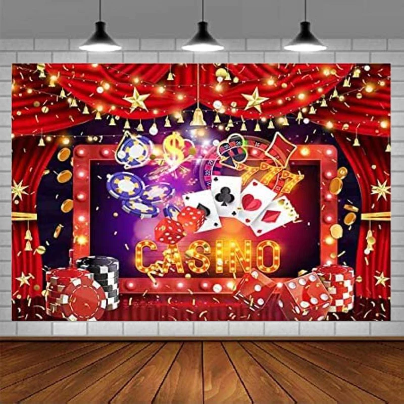 Casino Gambling Theme Photography Backdrop Chips Poker Dice Gold Coins Red Setting Dessert Table Banner Decoration Background