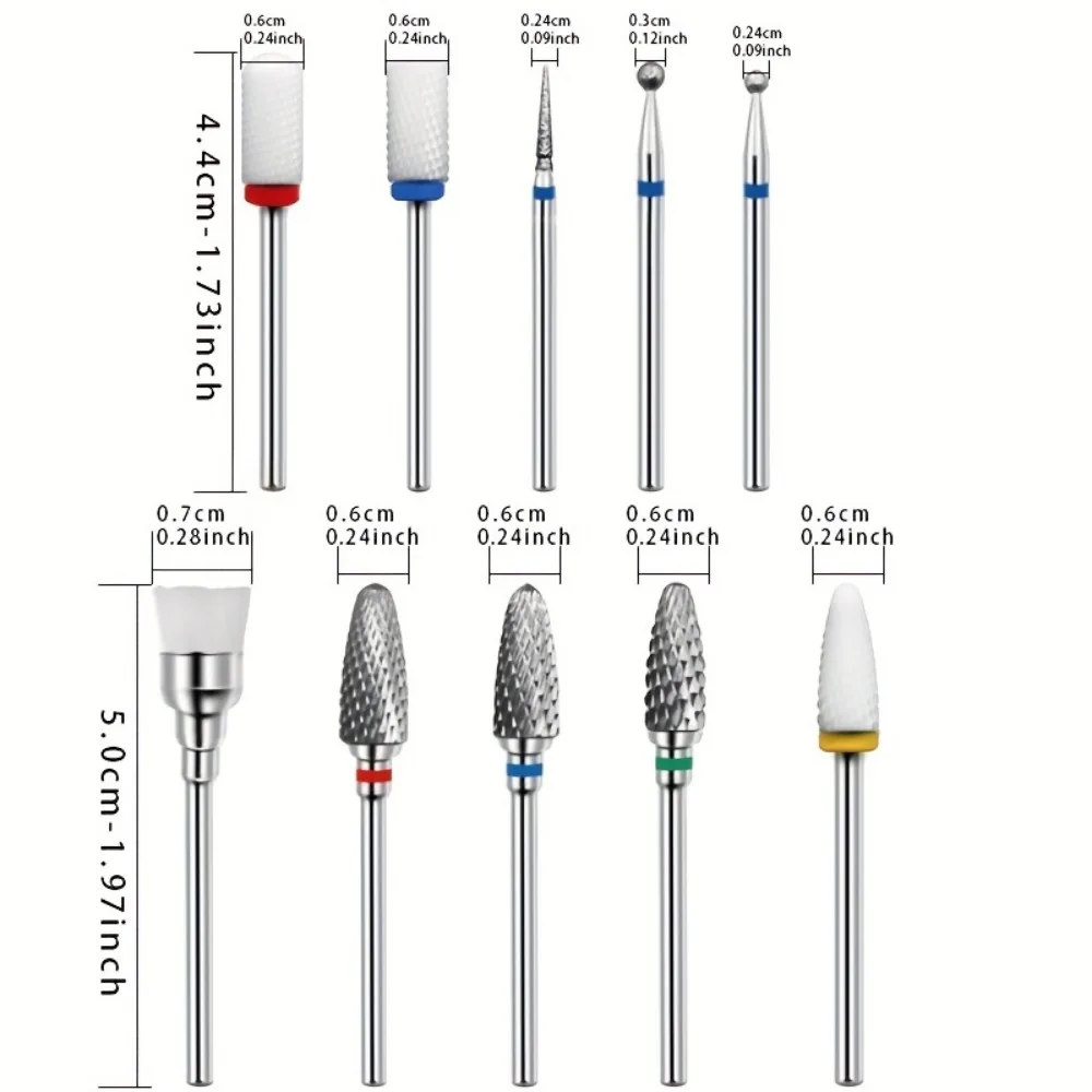 Tungsten Aço prego broca Bits Kit, cerâmica Nail Art, moagem Set cabeça, elétrica prego broca máquina, 10pcs