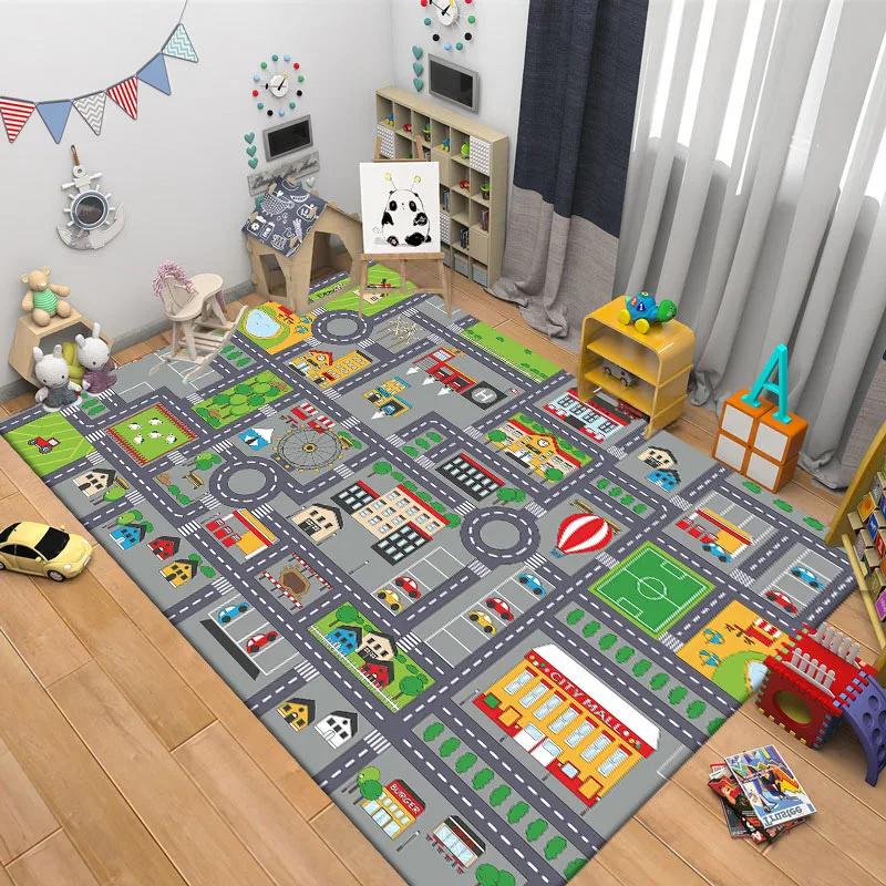 Vintage Kids Road Map Play Area Rug City Buildings Print NonSlip Floor Mat for Kids Room Playroom Toy Car Decor Rugs for Bedroom