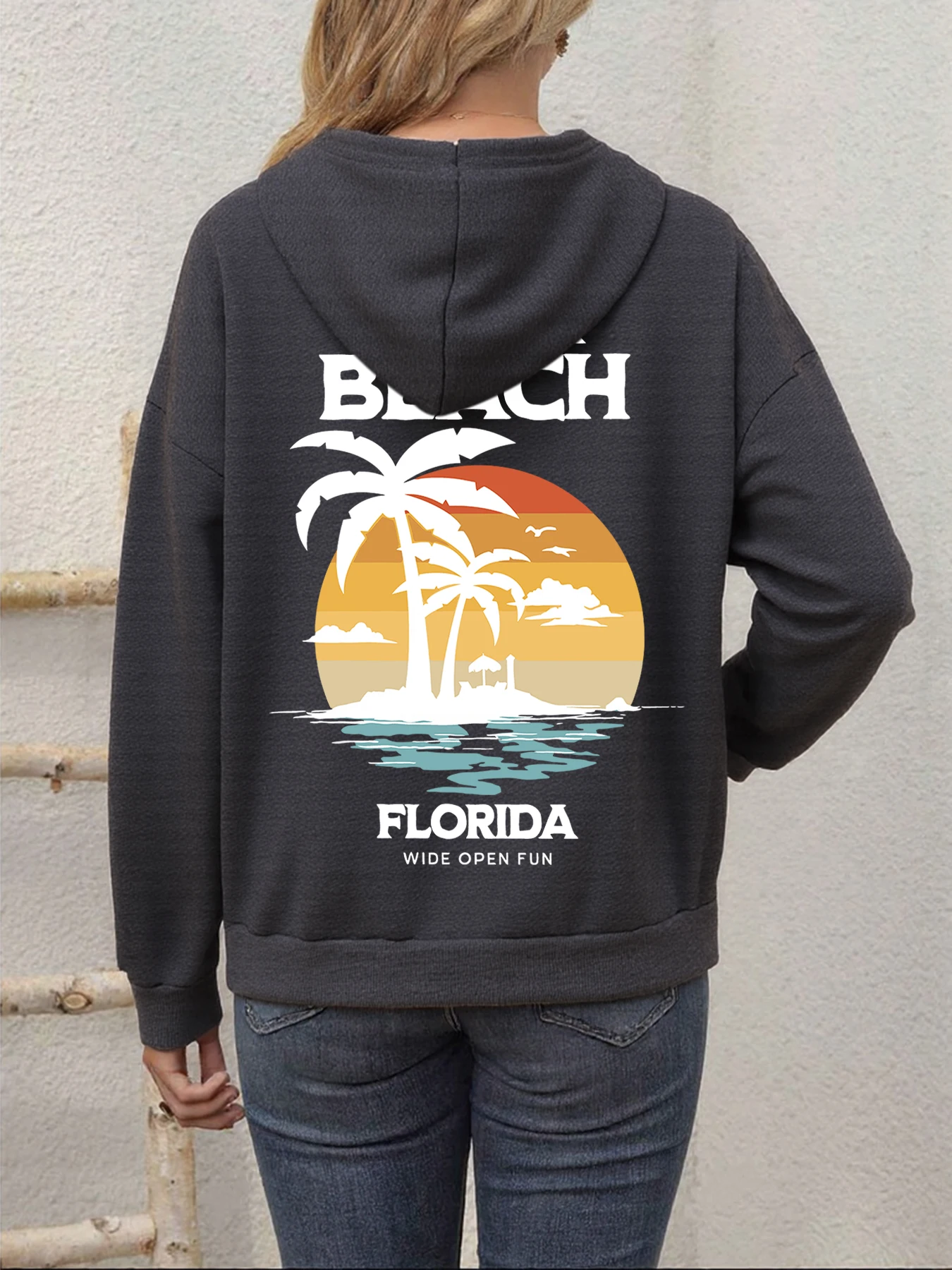 Daytone Beach Florida Prints Hoodie Women'S Thicken Multicolor Hoodies Long Sleeved O-Neck Woman Clothing Casual Loose Pullover