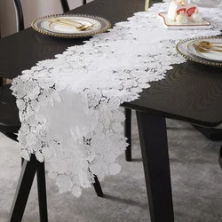 White Table Runner Linen Cotton Hollow Table Flag Flower American Embroidery Lace Table Cloth TV Cabinet Piano Cover dust Towel