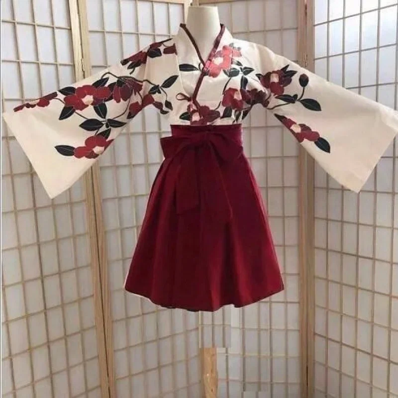 Ensemble de kimono de style japonais pour femme, imprimé floral, vintage, fille financièrement Hanbok, costume d'amour, Haori entreMi, robe de mariée asiatique, 2 pièces