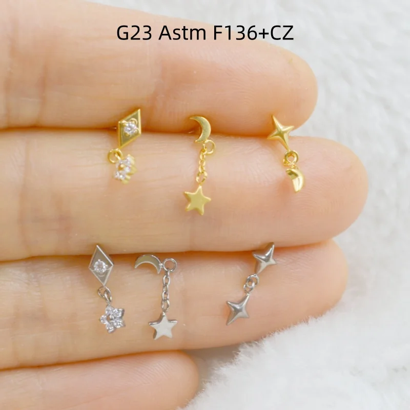 10pcs G23 Astm F136 Titanium Piercing Jewelry CZ Lip Labret Bar Chain Ear Cartilage Helix Rook Tragus Studs