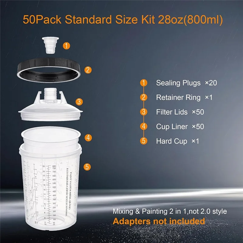 M11K-Farbbecher-System für HVLP und LVLP, 28-Unzen (800 ml) Farbbecher-Set inklusive 50 Bechern, Deckel, 1 harter Haltering, 20 Stecker
