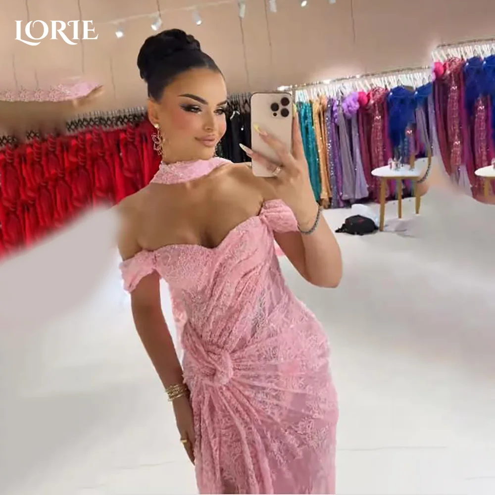 

LORIE Lace Arabia Evening Dress Slit Off Shoulder Floor Length Mermaid Prom Dresses Pleats Illsion Arabia Party Gown Customized