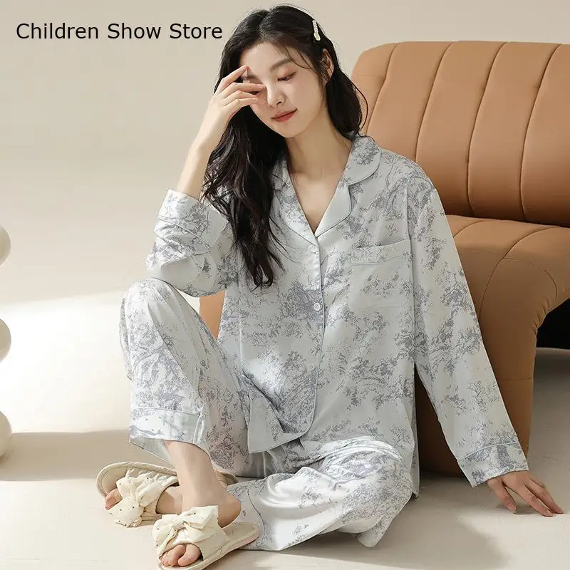 2Pcs Sleepwear Ice Silk Pajamas Suit for Female Loose Home Clothes Print Lapel Shirt&pants Autumn Spring New Pyjamas Nightwear