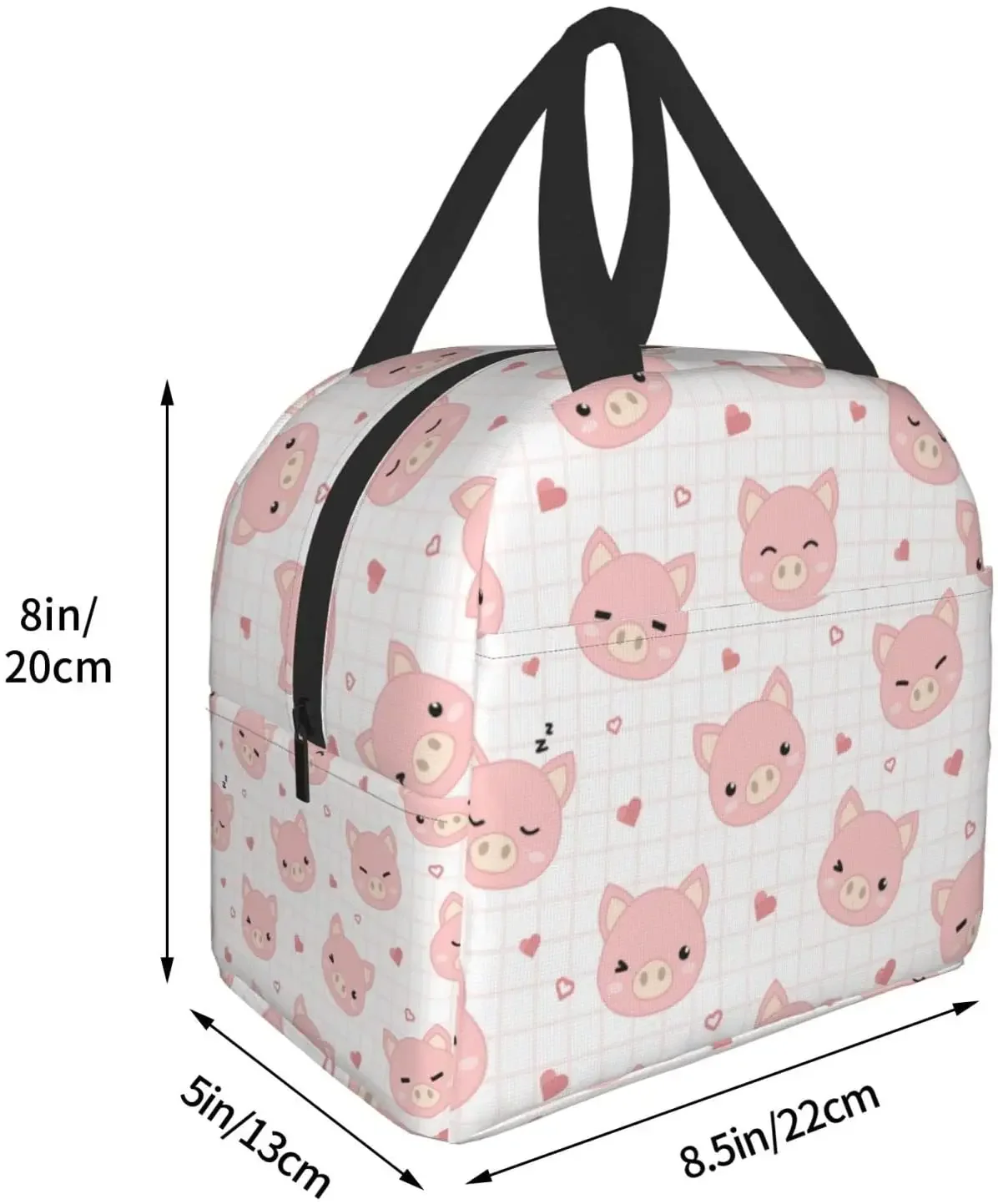 Cute Pig with Grid and Heart Cooler Lunch Box Portable Insulated Canvas Lunch Bag Thermal Food Picnic Lunch Bags for Women Kids