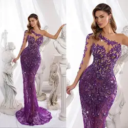 Modern Evening Dress Beading One Shoulder Prom Gowns Sequine See Through Princess Party Dresses Custom Made