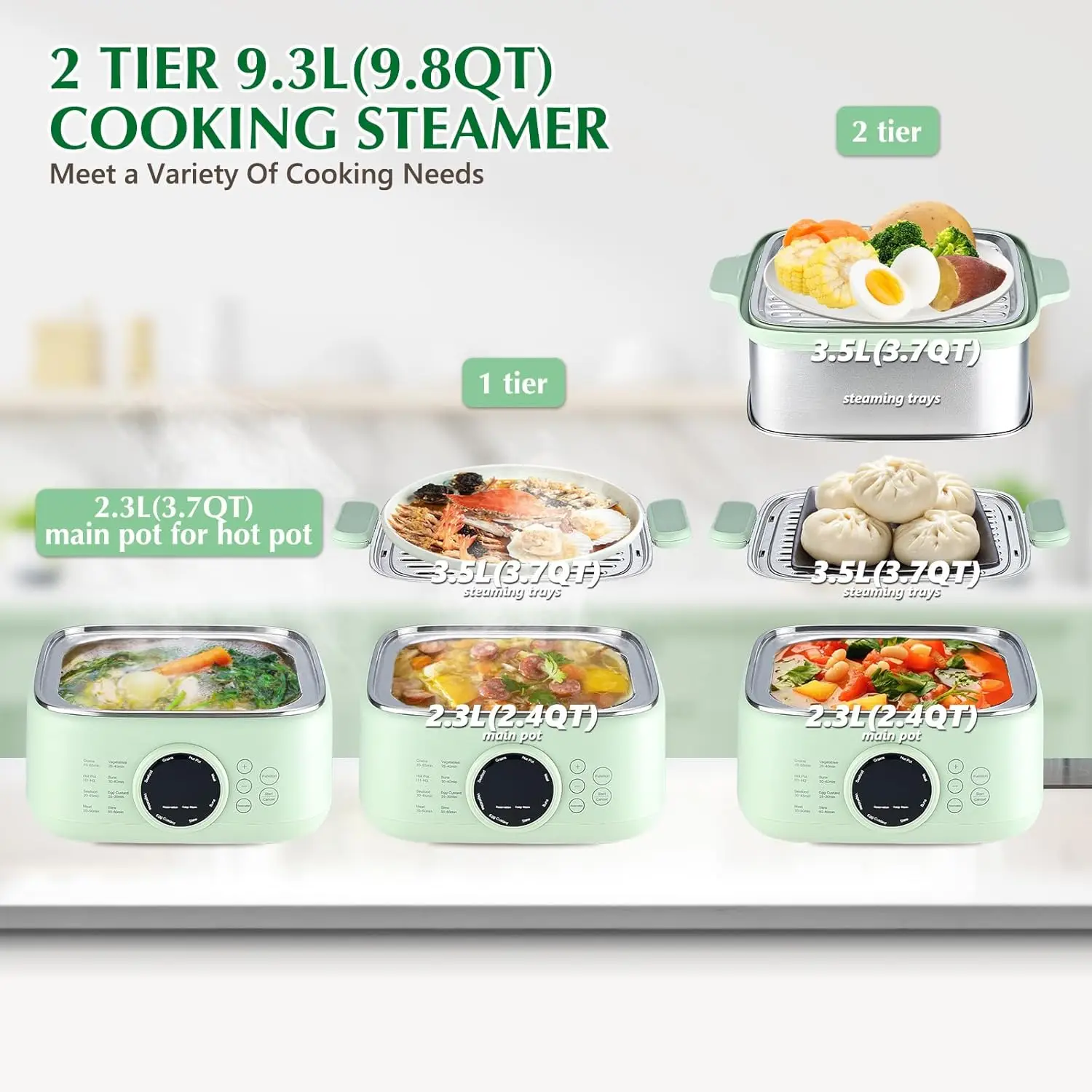 Food Steamer, 9.3L 2-Tier Digital Steamers for Cooking with 24H Booking & 6H Auto Warming, 8 Modes Fast Heating Vegetab