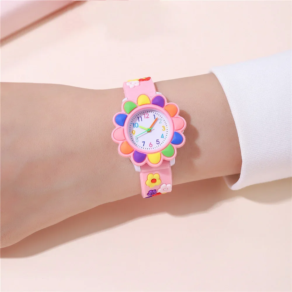 New Colorful Flower Cartoon Watches for Kids Cute Sweet Pink Silicone Strap Quartz Children Wristwatch Girls Watch Gifts