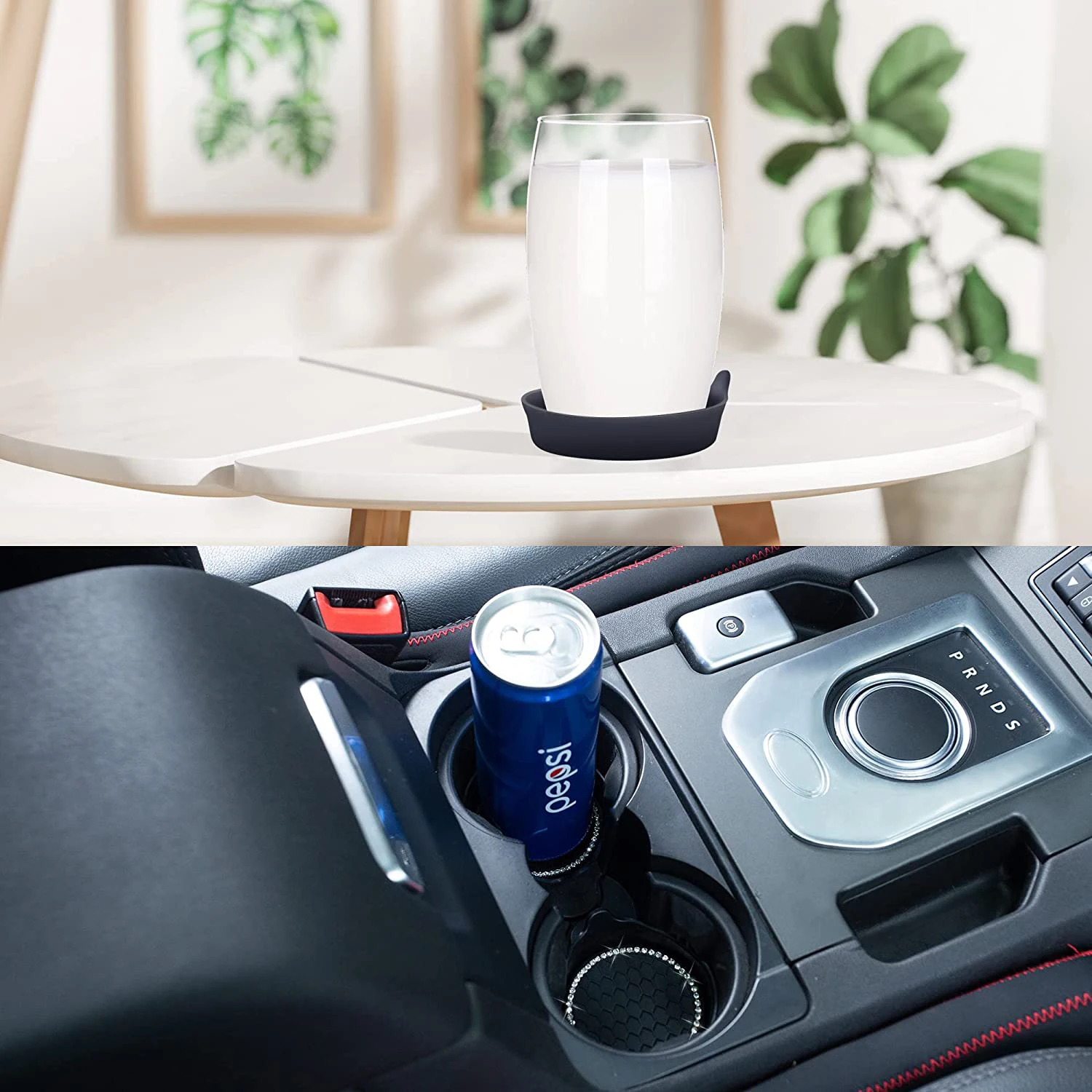 8cm Black Soft Silicone Car Bling Rhinestone Cup Coaster Anti-Slip Round Cup Holder Waterproof Car Interior Accessories 2Pcs