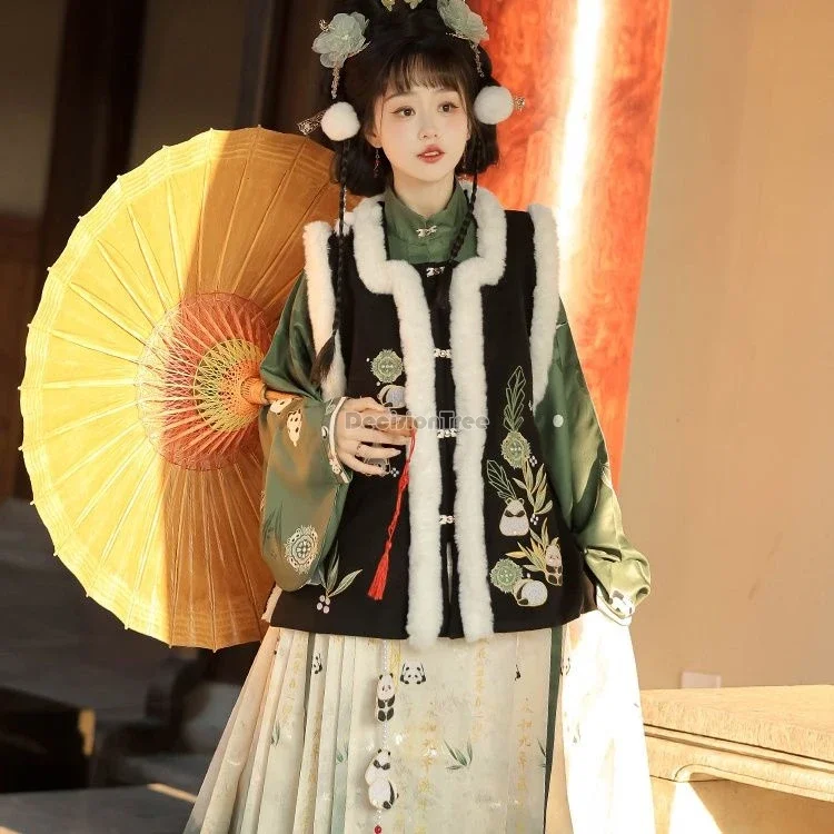 

2025 new hot winter thick hanfu suit chinese improved ming dynasty hanfu square collar panda embroidered vest pleated half skirt