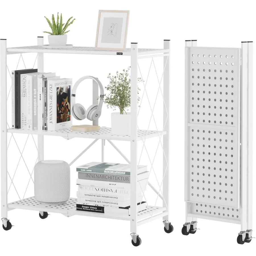 

Storage Shelves with Wheels Bookshelf with Storage No Assembly Metal Rack Cart for Kitchen Office Laundry Garage 3 Tier White