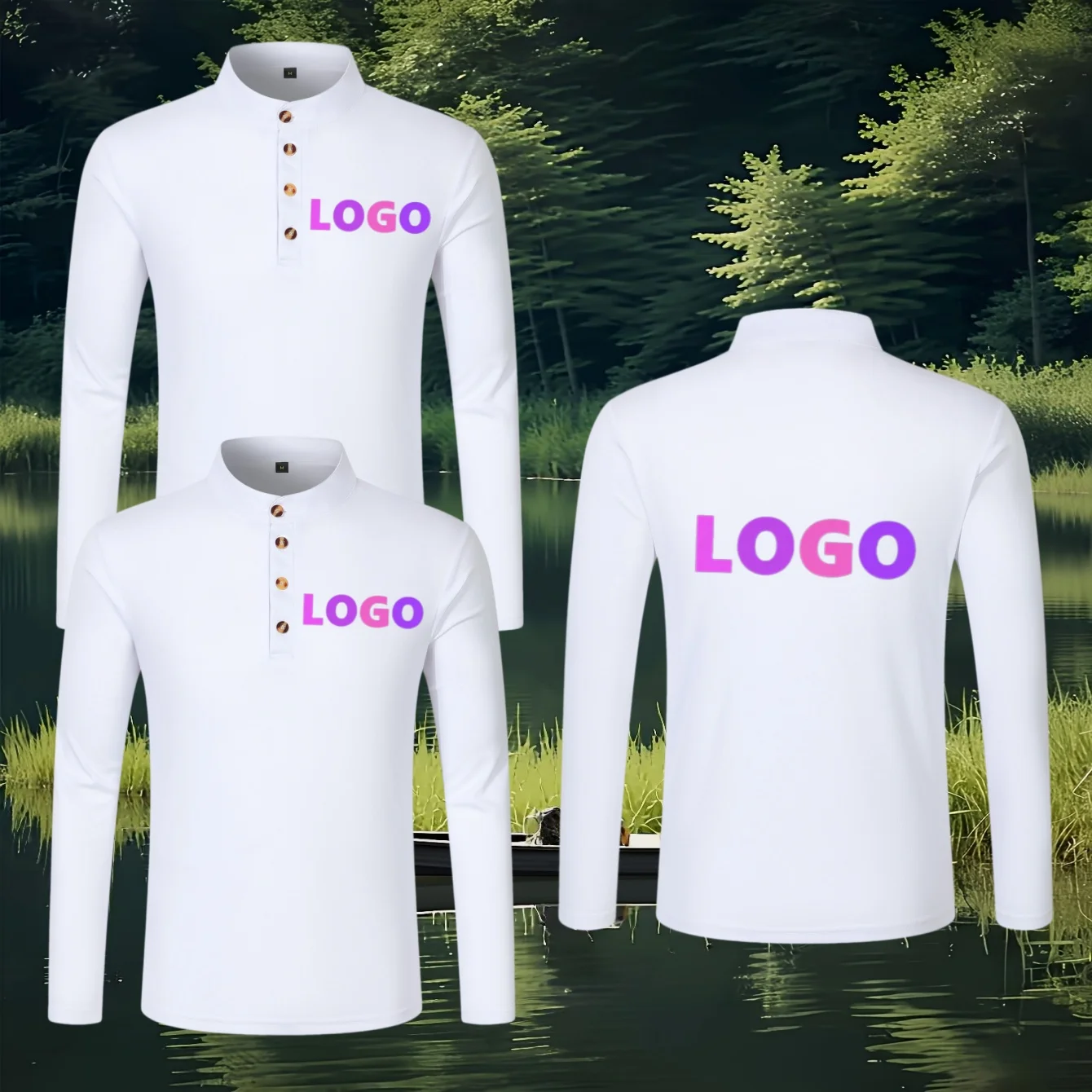 2-Piece Set Custom Printed Men's Henley Long-Sleeve T-Shirt Half-Placket Stand Collar Polo Group Workwear Casual Top