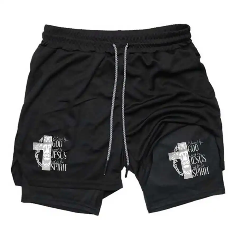 

Mens Christian Print 2-In-1 Sports Shorts Quick Dry Breathable Gym Workout Running Shorts