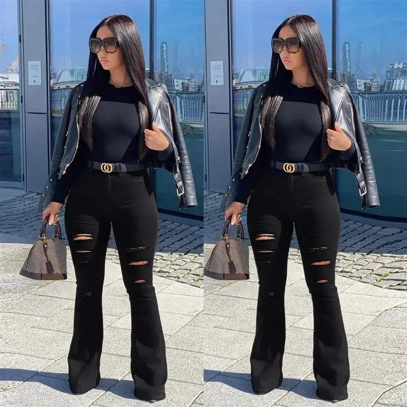 

Женские утягивающие расклешенные джинсы Bla, длинные брюки с рваными дырками, удобная посадка, весенний сезон, женская джинсовая ткань Faion