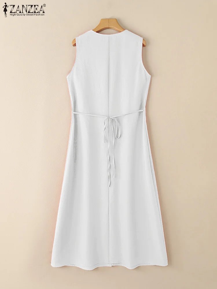 ZANZEA 2025 été Maxi Robe longue femmes col en V sans manches Robe d'été élégant décontracté vacances fête robes solide Robe de travail Femme