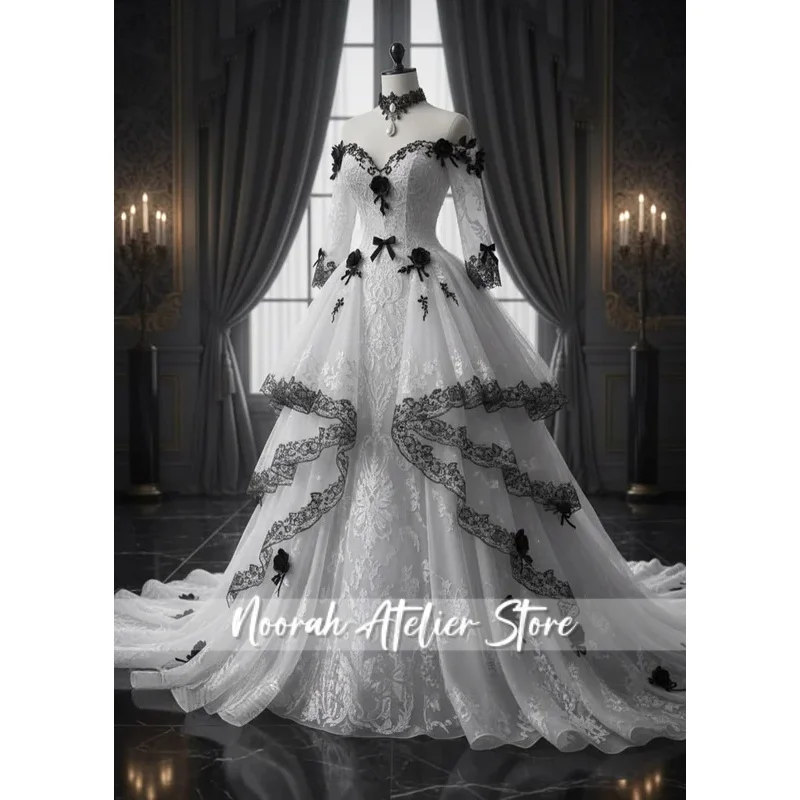 Customized Off-Shoulder Vintage Victorian Gothic Wedding Dress Detachable Lace Train Dark Masquerade Ball Gown Special Occasion