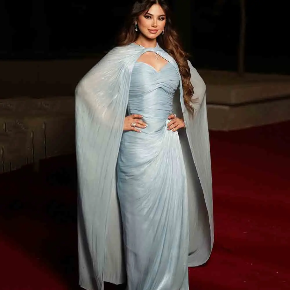

Msikoods Dirty Blue Evening Dresses Pleated Strapless Sexy High Slit Mermaid Prom Dress Cape Women‘s Gala Party Dress Customized