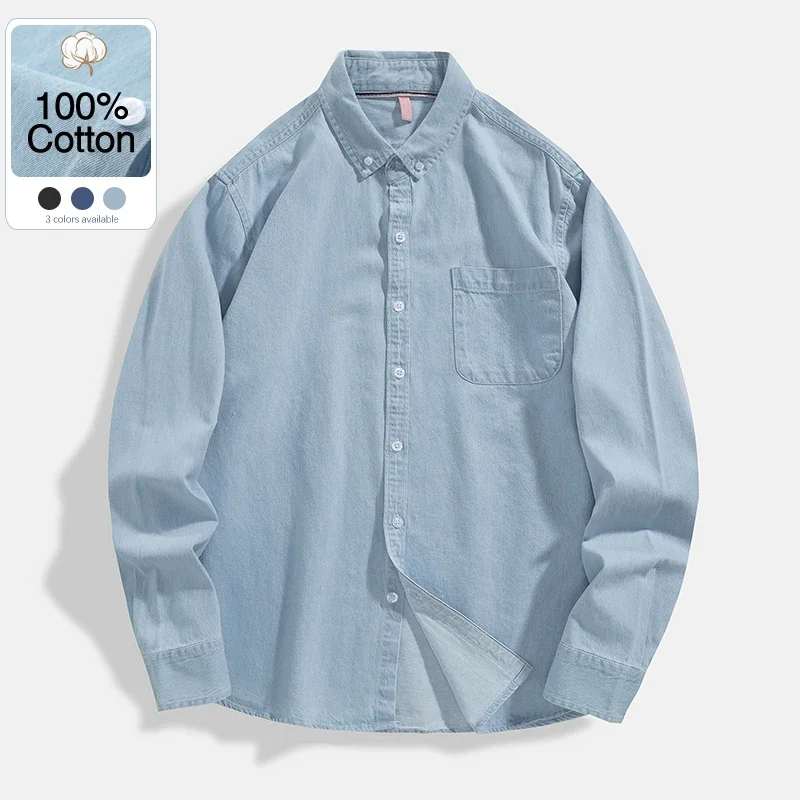 100% Cotton Men\'s Denim Shirt Fashion Long Sleeve Shirt Japanese Comfortable Pockets Cowboy Loose Casual Streetwear