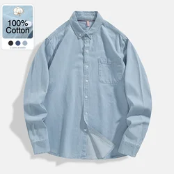 100% Cotton Men's Denim Shirt Fashion Long Sleeve Shirt Japanese Comfortable Pockets Cowboy Loose Casual Streetwear