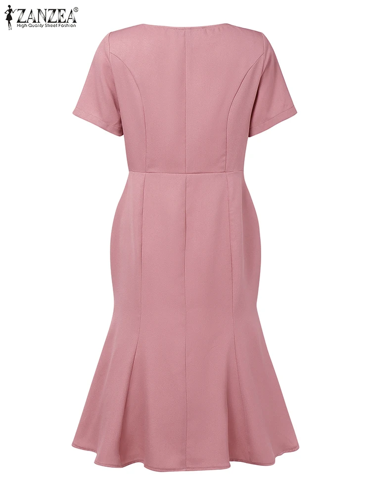 ZANZEA Elegant Womens Mermaid Cocktail Dresses 2025 Fashion O-Neck Short Sleeve Slim-Fit Party Robes Femme Knee-length Dress
