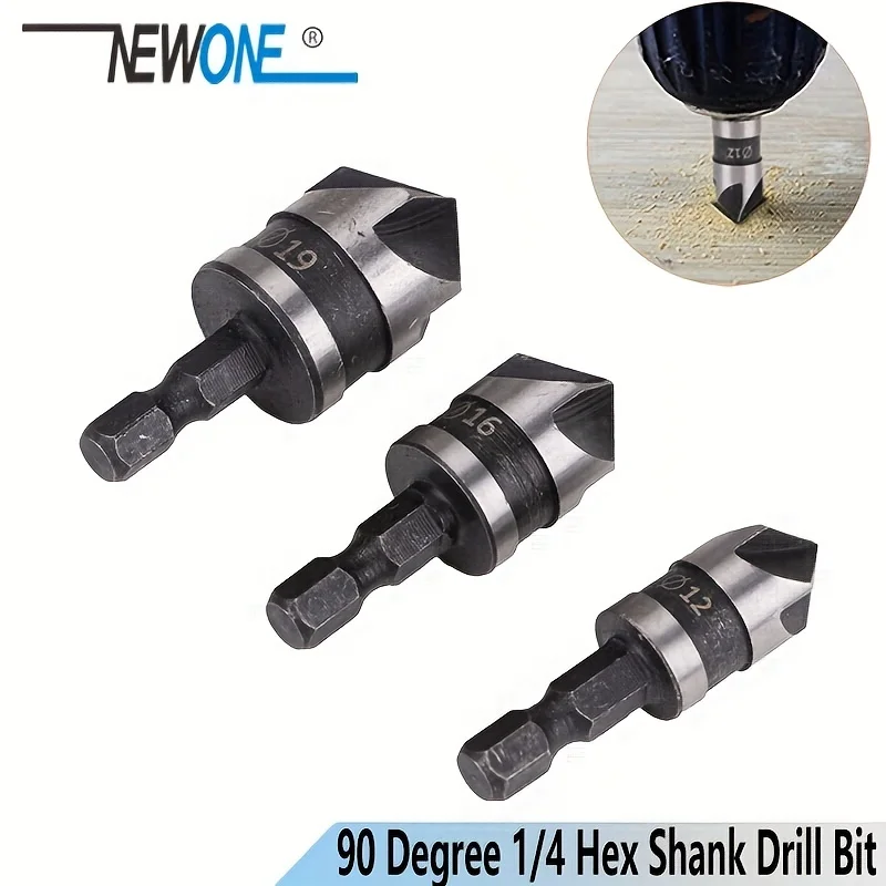 3pcs/set 90 Degree 1/4 Hex Shank Drill Bit, 5 Flute 12-19mm Woodworking Chamfer Counter Sink, Chamfering Debur Countersink