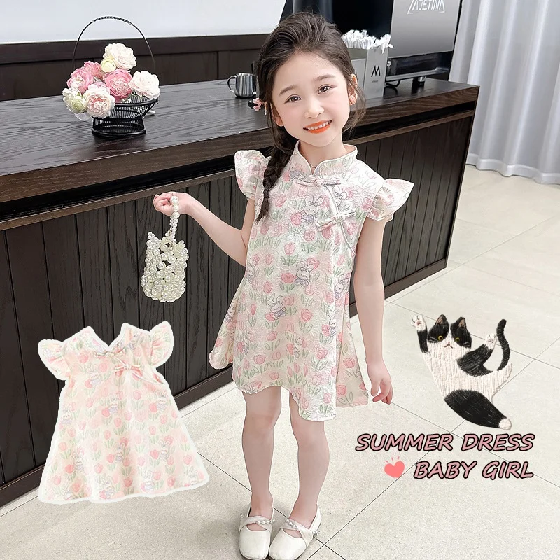 (0-3 Years Old) Summer Baby Girl Cute Tulip Bunny Flying Sleeve Qipao Dress For Girls Chinese Style Hanfu Dress