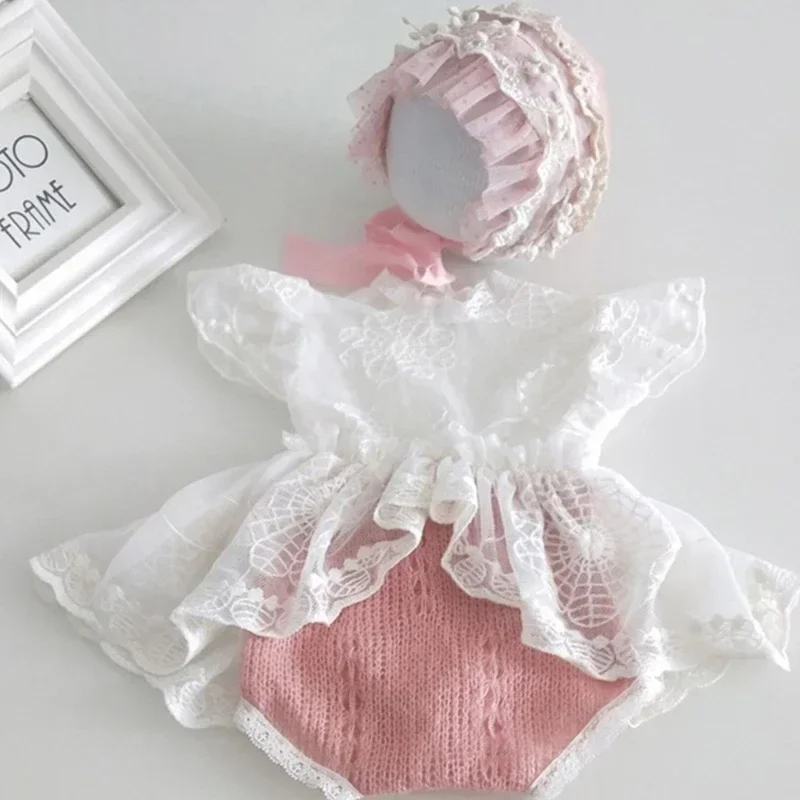 

Newborn Photoshoots Set Lace Romper Dress & Bonnet Hat Photo Posing Props Photo Costume Infant Photography Outfit 2PCS
