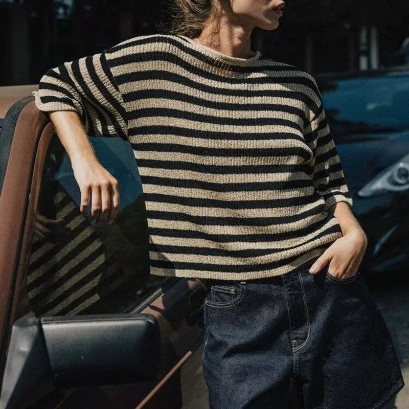 신상 여성용 라운드 넥 롱 슬리브 스트레이트 컷 레이어드 니트 탑 캐주얼 슬리브 가을 컬렉션 패셔너블 소녀용 스트라이프...