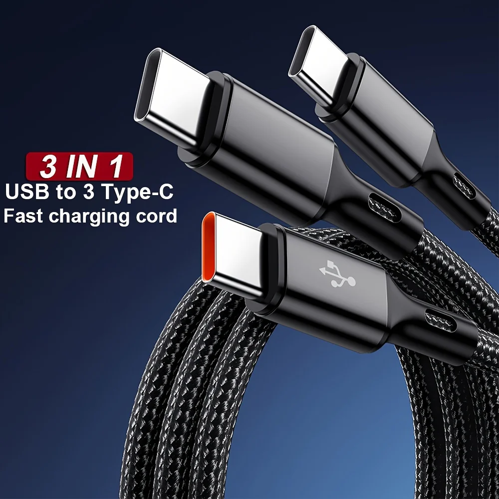 3 In 1 USB-A to 3 ×Type-C 100W 6A Fast Charging Data Cable For Samsung Galacy S24 S23 Xiaomi Redmi Huawei USB C Data Transfer