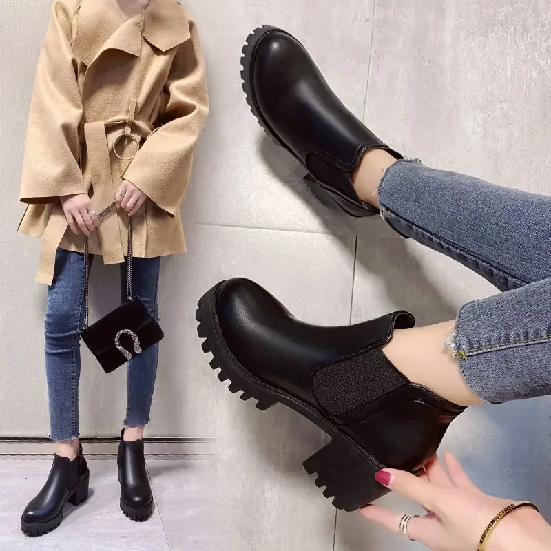 Autumn Winter British Riding Boots Thick Heel Women\'s Ankle Boots Round Head Waterproof Platform Elastic Mouth Short Boots 35-41