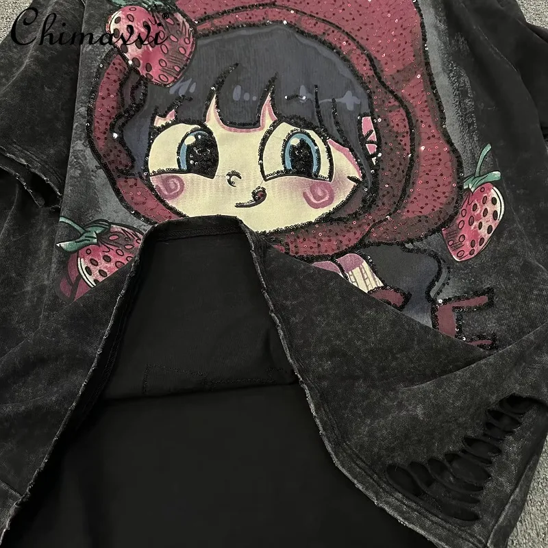 甘いクールな穴デザイン漫画イチゴ少女甘い Tシャツ春夏のファッションルーズ半袖 Tシャツ女性トップス
