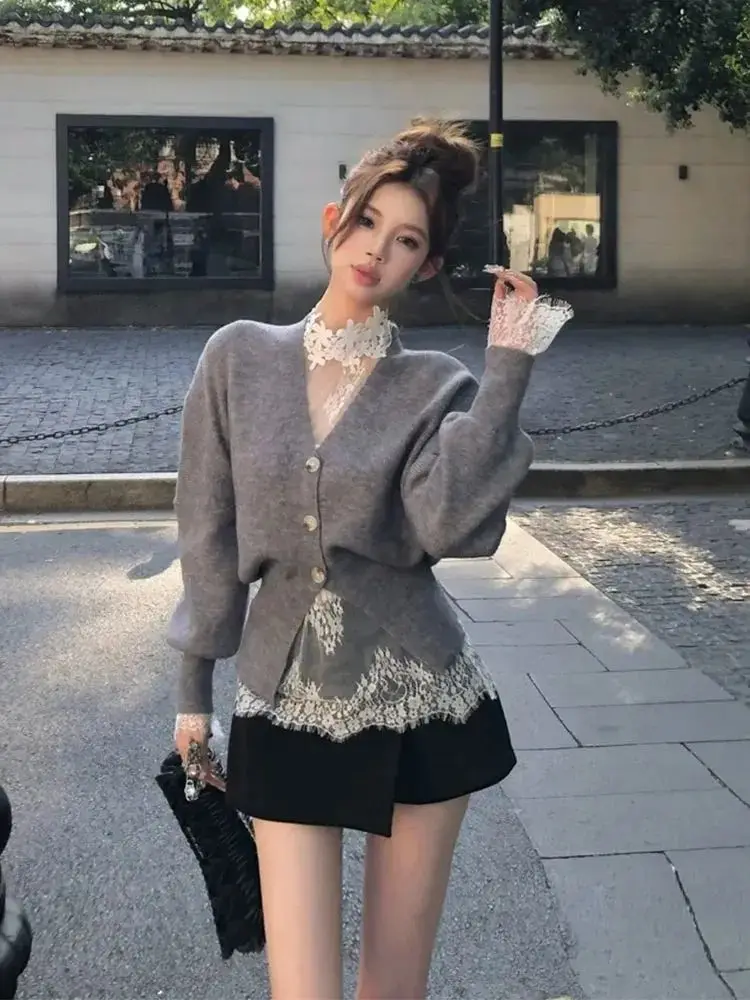 High-end Grey Knitted Cardigan Spring Autumn Winter Soft Sweater Women Design Luxury Coats Long Sleeve Tops Design Jumper Chic