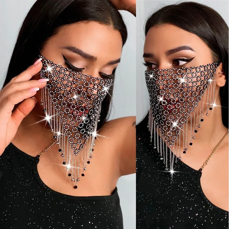 Shiny Rhinestone Face Mask Bling Tassel Veil Mask Reusable Metal Crystal Belly Dance Face Veil Sequins Masquerade Party Jewelry