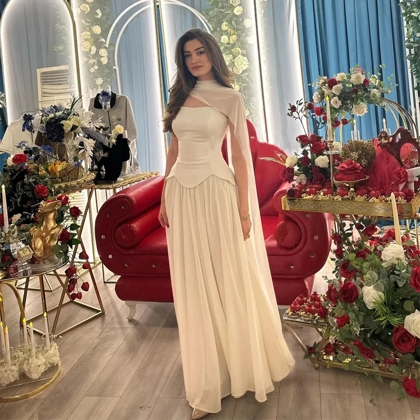 فستان سهرة نسائي أبيض كريمي مع رقبة مربعة بدون أكمام، فستان شفاف للحفلات الراقصة، فستان رسمي أنيق ورومانسي #1