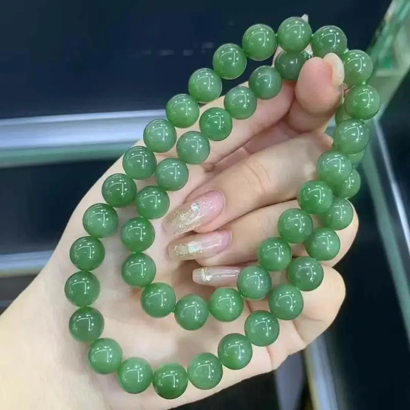 Natural Hetian Jade Necklace Mothers, Round Beads, Spinach Green Bracelet, Jewelry Accessories