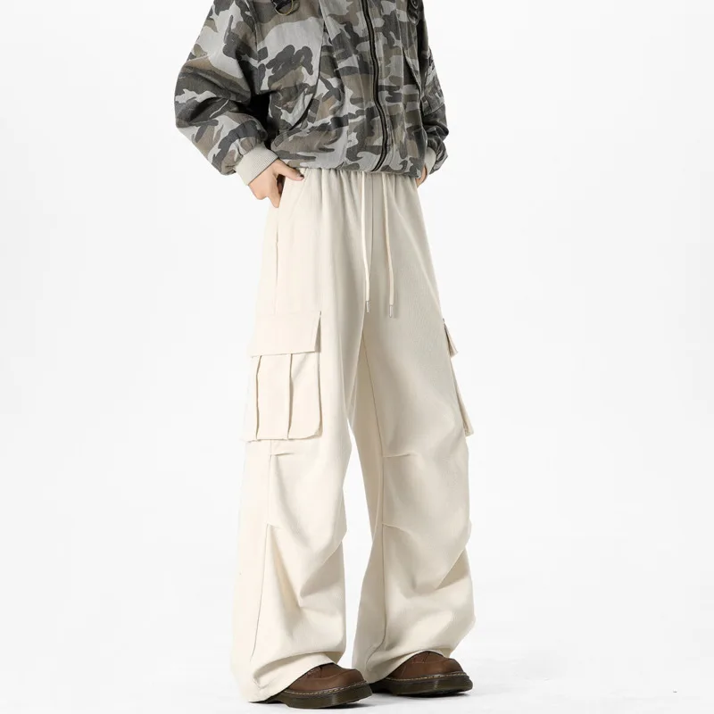 Beige Casual Pants Men Retro Pocket Cargo Pants Men Japanese Streetwear Hip-hop Loose Wide Leg Pants Mens Black Trousers S-3XL