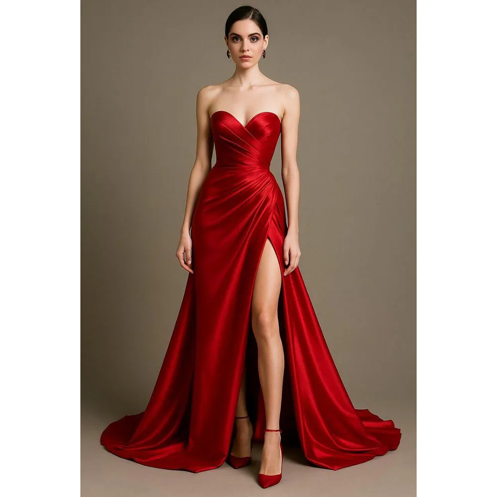 

Красные вечерние платья без бретелек без рукавов Высокое качество Банкетные знаменитости длиной до пола с скользящим шлейфом Женские платья Классические вентиляционные платья