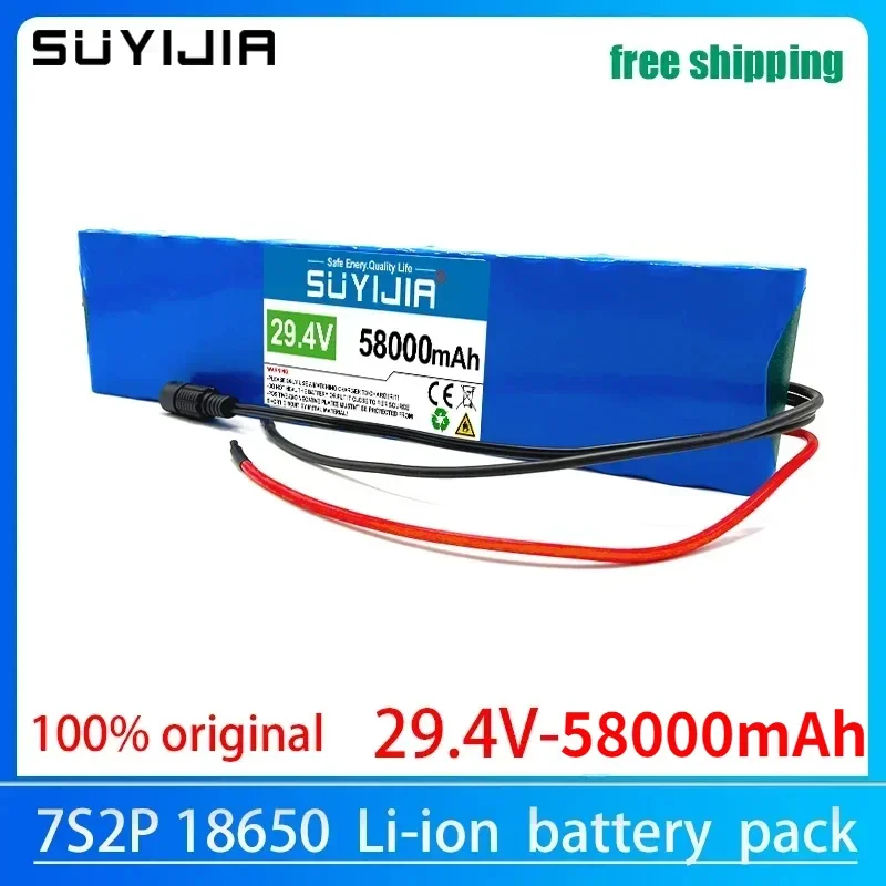 Original 24 Volt Battery 25.2V 58000mAh 7S2P 18650 Lithium Battery Pack 24V W/ Smart BMS for Electric Bicycle Moped + 2A Charger