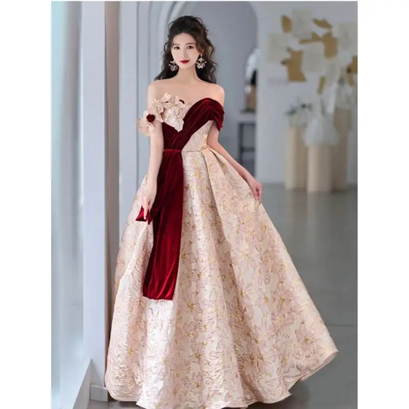 Sweet Three-dimensional Flower Wedding Dress One Shoulder Retro Luxury Fluffy Skirt Bride's Wedding Dress Toast Dress Customized