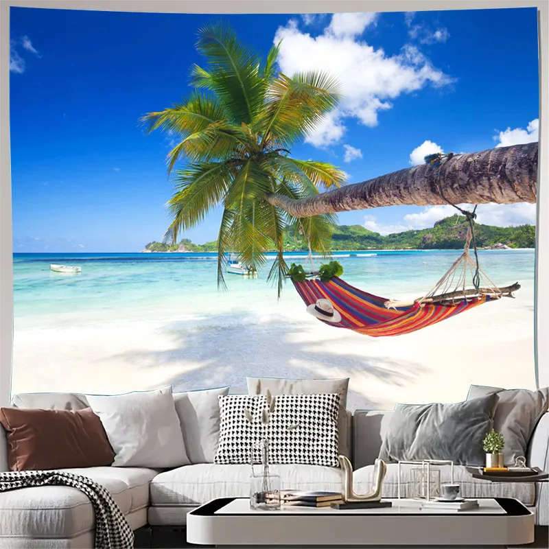 Tropical Beach Scene Wall Tapestry Tropical Decor Hanging Canvas Paradise Summer Vacation Coastal Style Artwork for Living Room