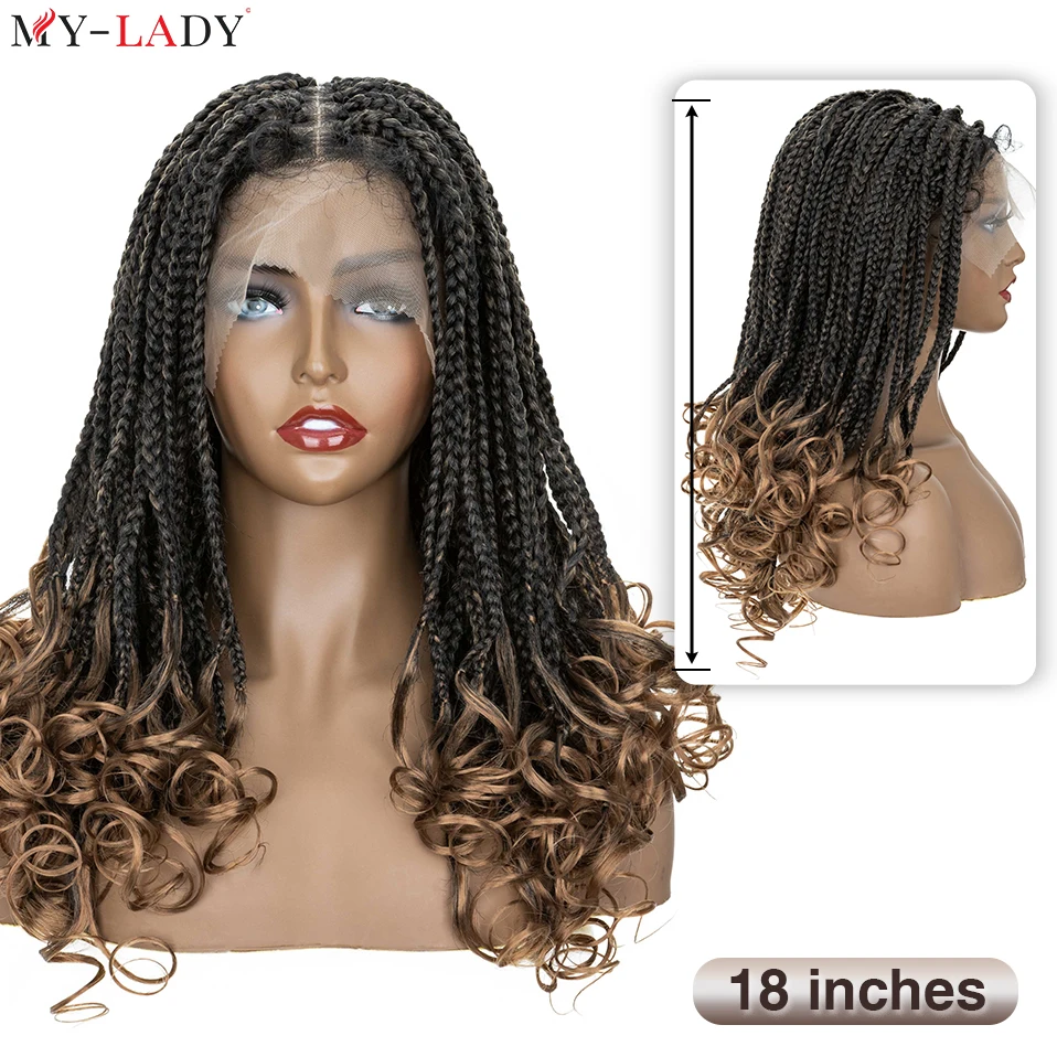 My-Lady 18inch Synthetic Front Lace Wig Box Braided Wigs Curly Ends Afro Dreadlocks Knotness Braiding Wig Black Women Daily Use