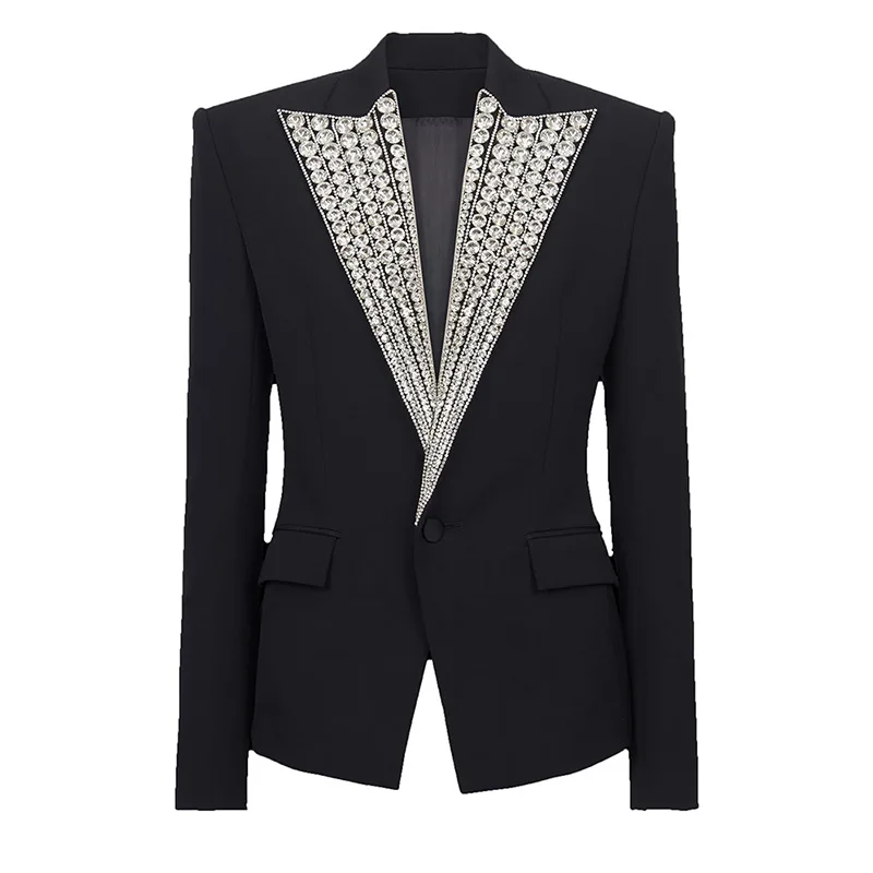 

2024 New Elegant Black Jacket Women's Suit Fashion Heavy Industry Diamonds Studded Beading Slim Autumn One Button Blazer G631