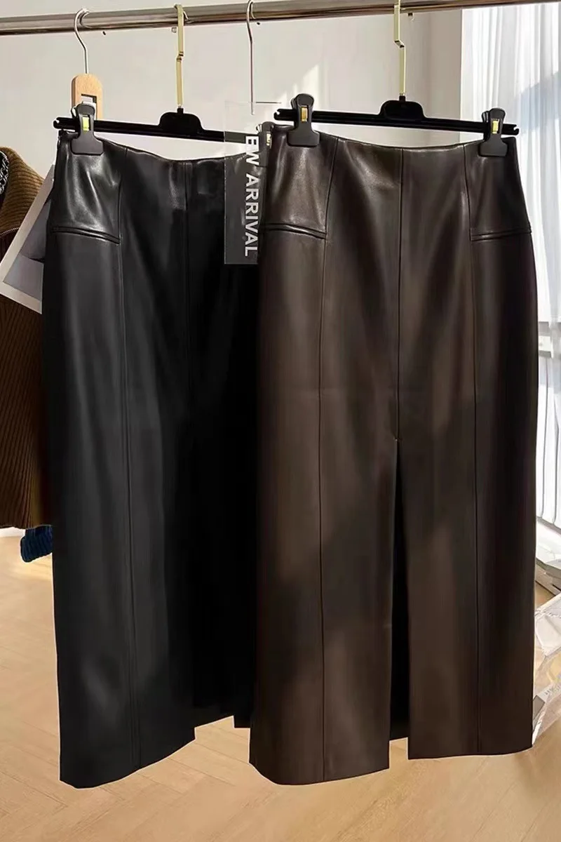 2024 Spring and Autumn New Haining Fashion Genuine Leather Bag Hip High Waist Mid length Skirt Split and Versatile Slimming