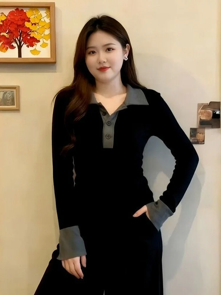 Slim Fit Long Sleeve Neck T-Shirt Women's Spring Autumn Black Short Top Korean Style Breathable Cotton Polyester Blend