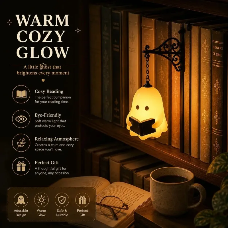 Library Hanging Bookshelf LED Night Light Ghost Reading Lamp Vintage Wrought Iron Wall Decor Halloween Home Bedroom Gift
