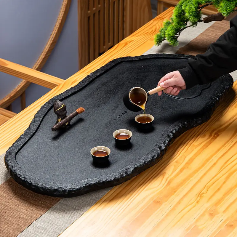 Irregular light luxury natural stone large, medium and small tea table household black gold rough stone full-page drainage tea t