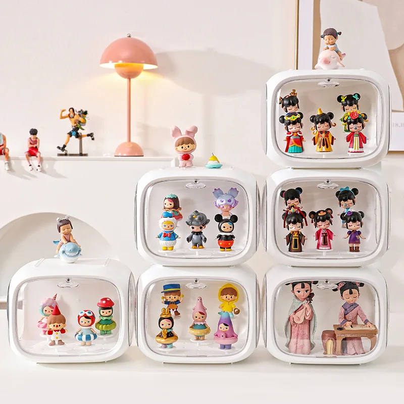 Figurine Dust Box, adjustable display stand, transparent acrylic display box with door, -Doll Toy Storage Box